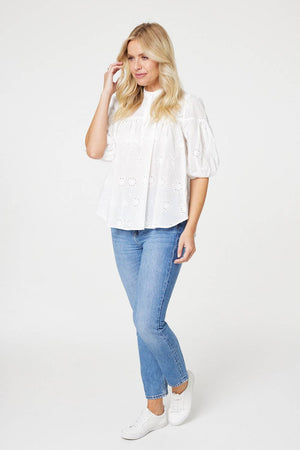 White | Broderie Anglaise 1/2 Sleeve Blouse : Model is 5'10"/178 cm and wears UK8/EU36/US4/AUS8