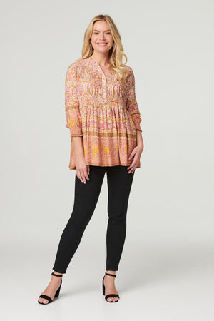 Orange | Floral 3/4 Sleeve Smocked Blouse