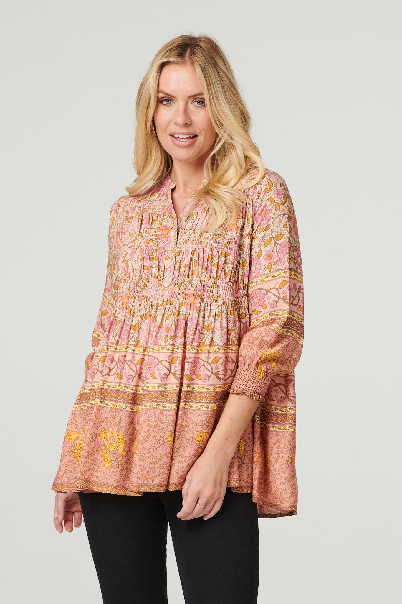 Orange | Floral 3/4 Sleeve Smocked Blouse
