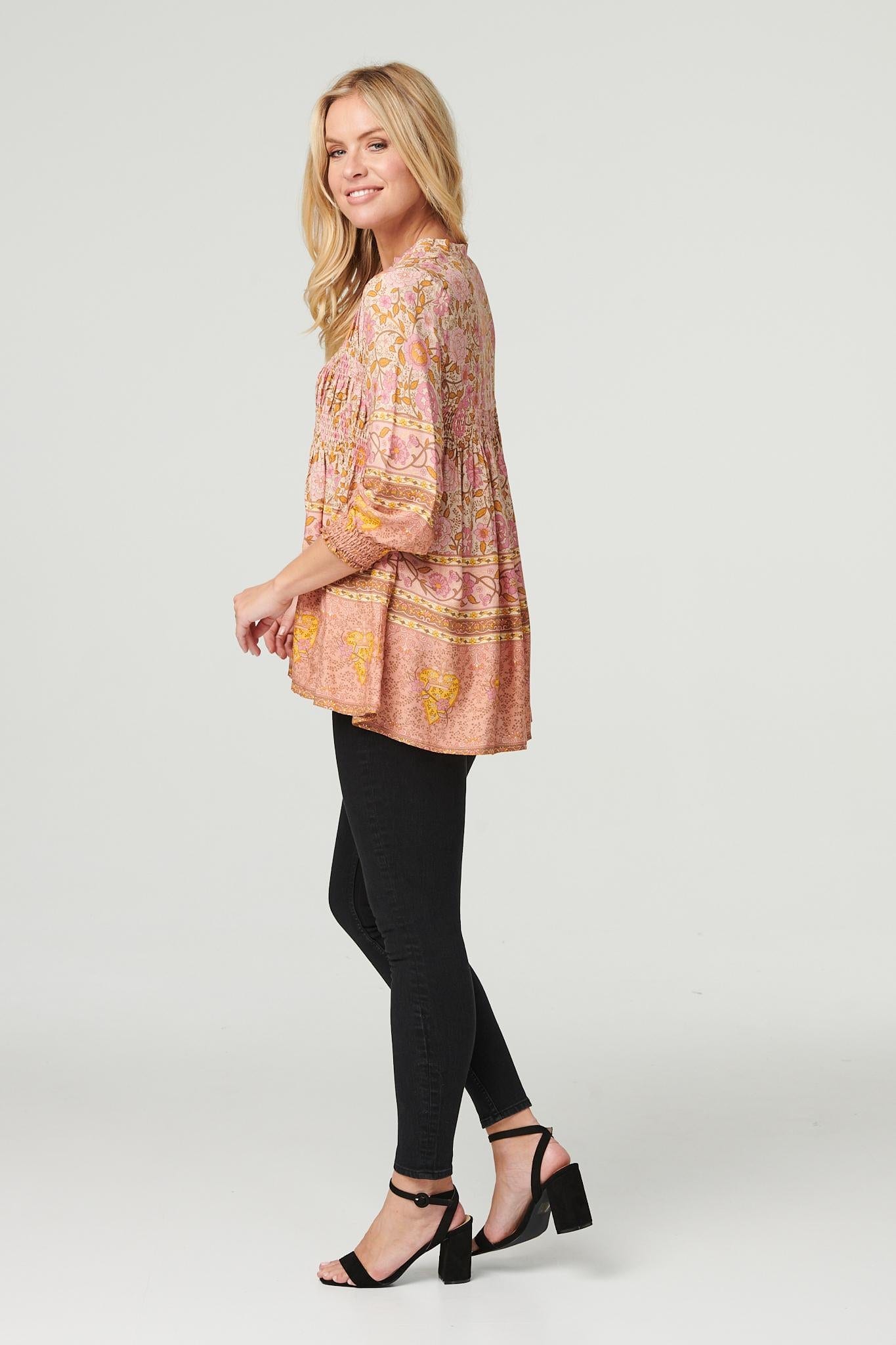 Orange | Floral 3/4 Sleeve Smocked Blouse