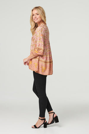 Orange | Floral 3/4 Sleeve Smocked Blouse