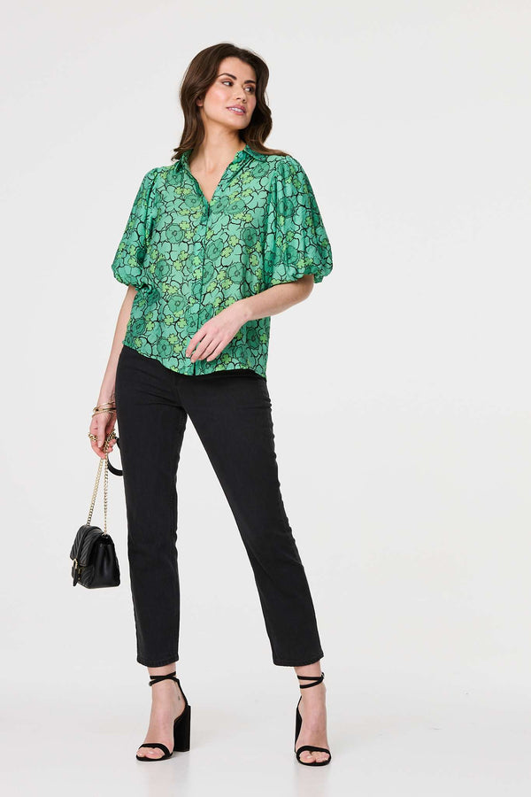 Green | Leaf Print 1/2 Puff Sleeve Blouse