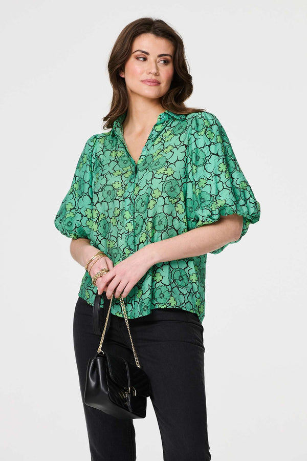 Green | Leaf Print 1/2 Puff Sleeve Blouse