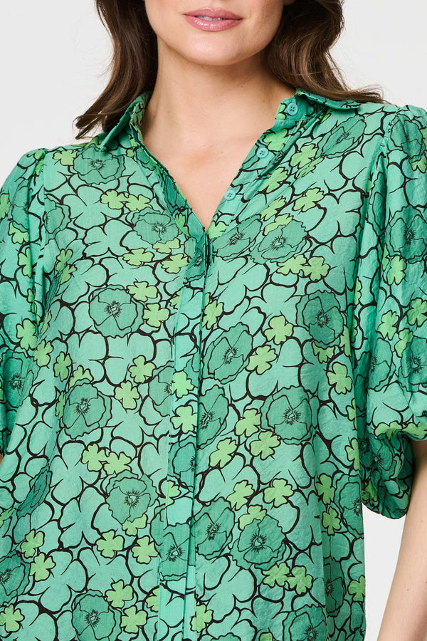 Green | Leaf Print 1/2 Puff Sleeve Blouse