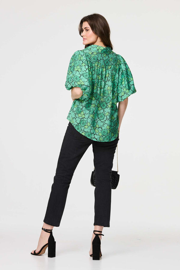 Green | Leaf Print 1/2 Puff Sleeve Blouse