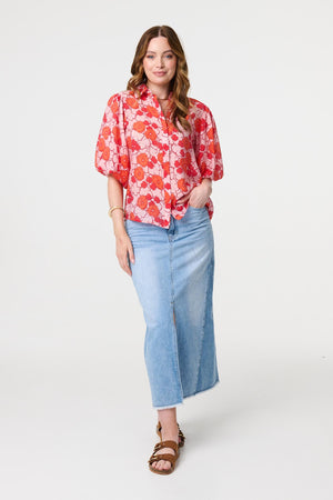 Orange | Leaf Print 1/2 Puff Sleeve Blouse :  Model is 5'9