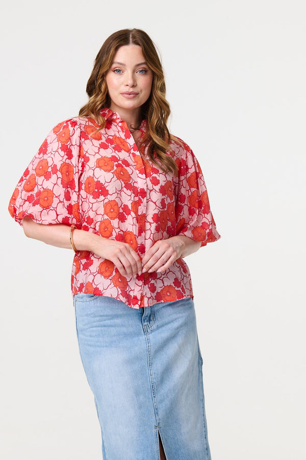 Orange | Leaf Print 1/2 Puff Sleeve Blouse