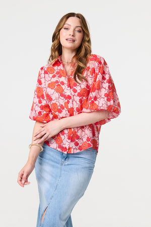 Orange | Leaf Print 1/2 Puff Sleeve Blouse