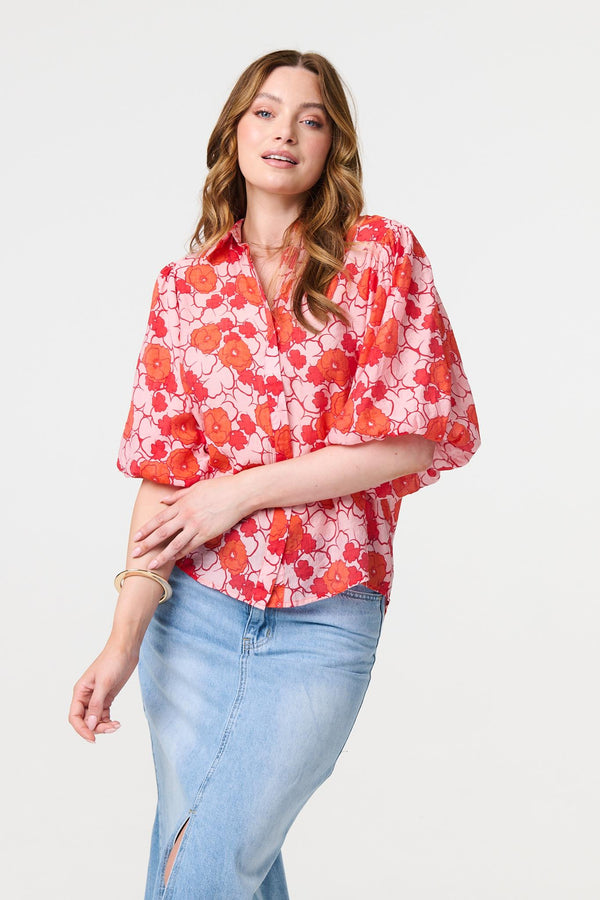 Orange | Leaf Print 1/2 Puff Sleeve Blouse