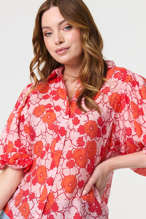 Orange | Leaf Print 1/2 Puff Sleeve Blouse