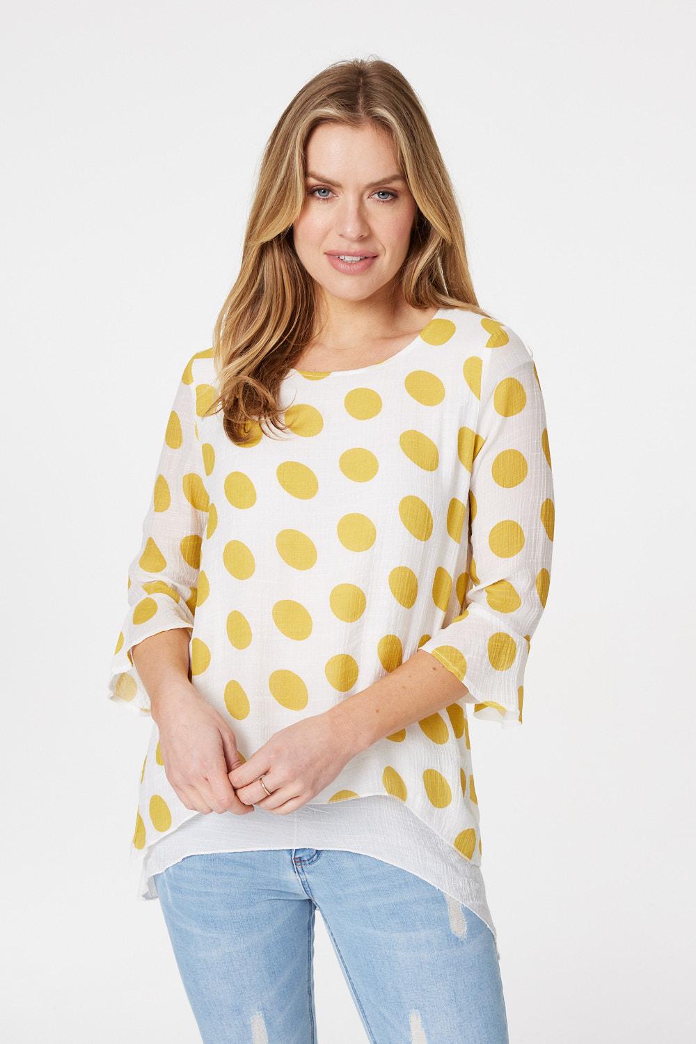 Yellow | Polka Dot Frill Sleeve Blouse Top : Model is 5'10"/178 cm and wears UK8/EU36/US4/AUS8