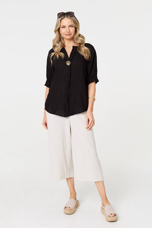 Black | Button Detail 1/2 Sleeve V-Neck Blouse

