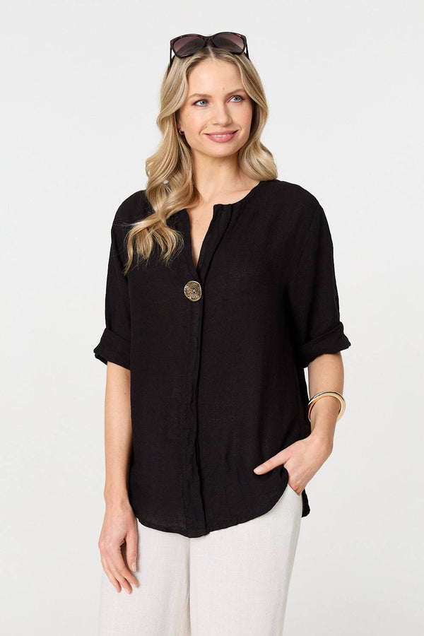 Black | Button Detail 1/2 Sleeve V-Neck Blouse
