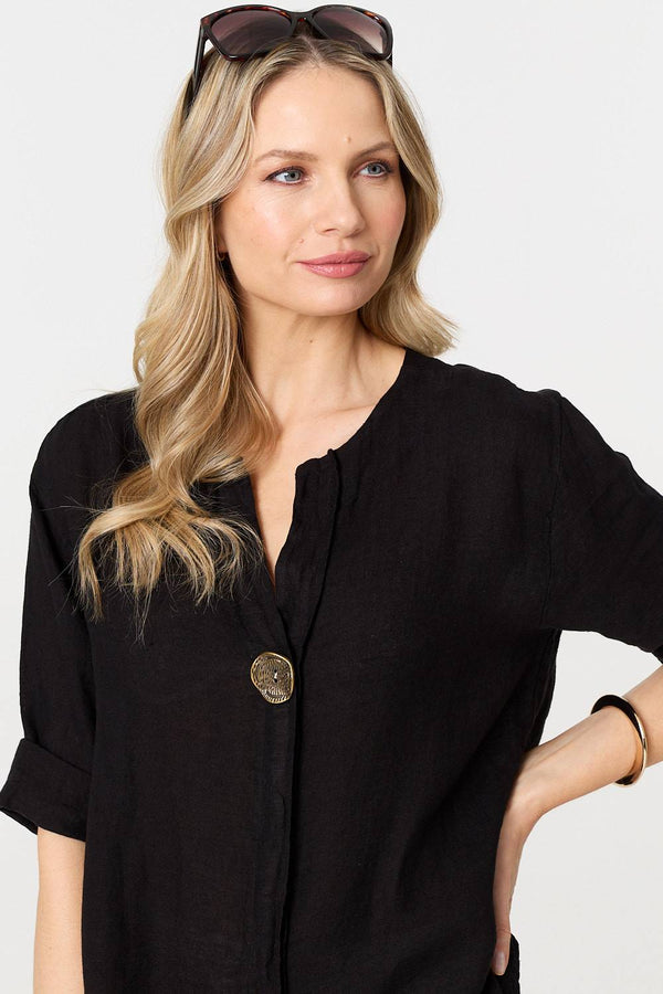 Black | Button Detail 1/2 Sleeve V-Neck Blouse
