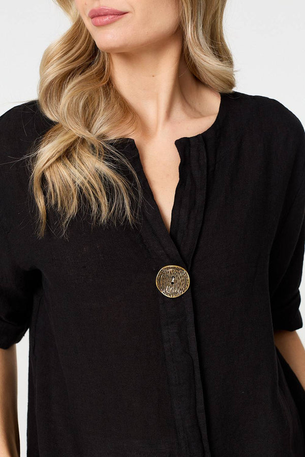 Black | Button Detail 1/2 Sleeve V-Neck Blouse
