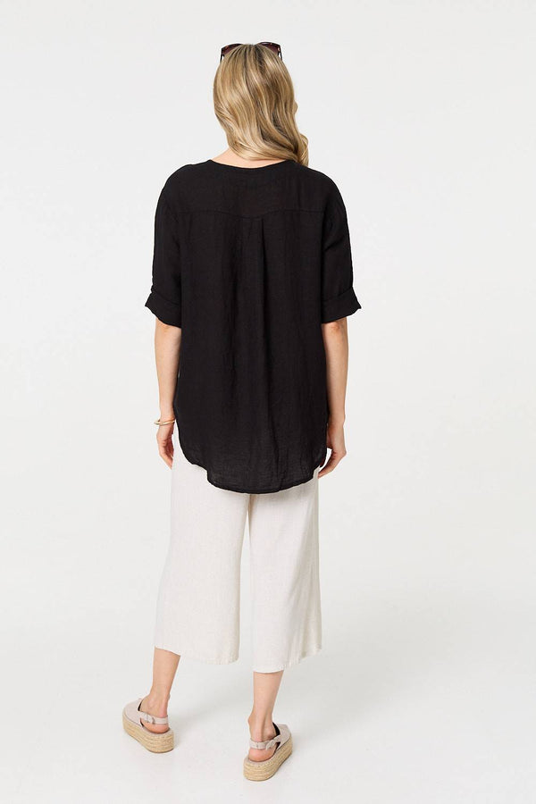 Black | Button Detail 1/2 Sleeve V-Neck Blouse
