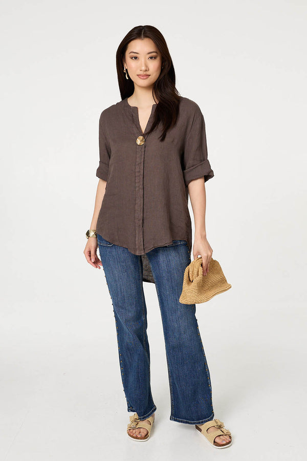 Brown | Button Detail 1/2 Sleeve V-Neck Blouse