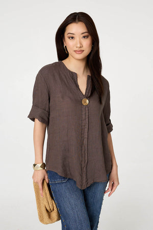 Brown | Button Detail 1/2 Sleeve V-Neck Blouse : Model is 5'9