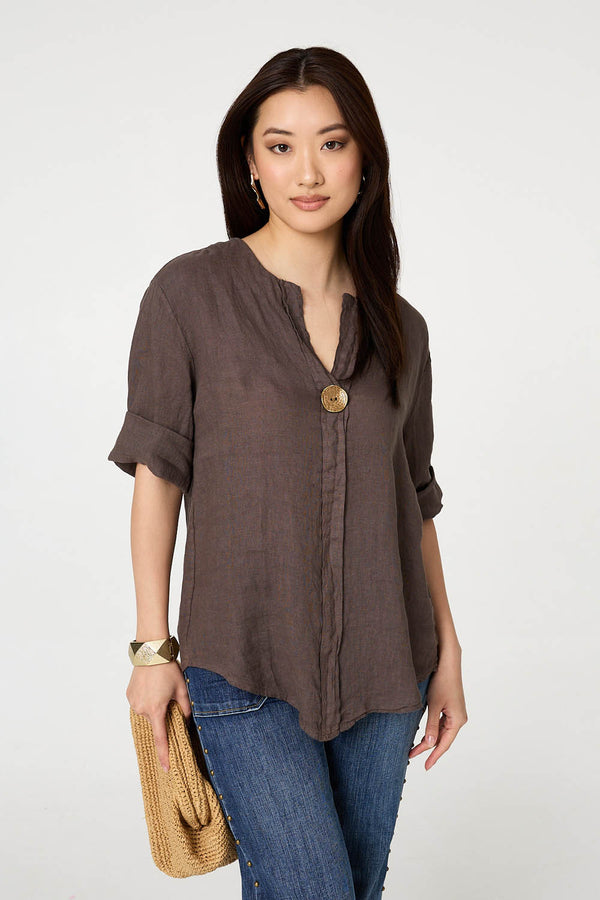 Brown | Button Detail 1/2 Sleeve V-Neck Blouse