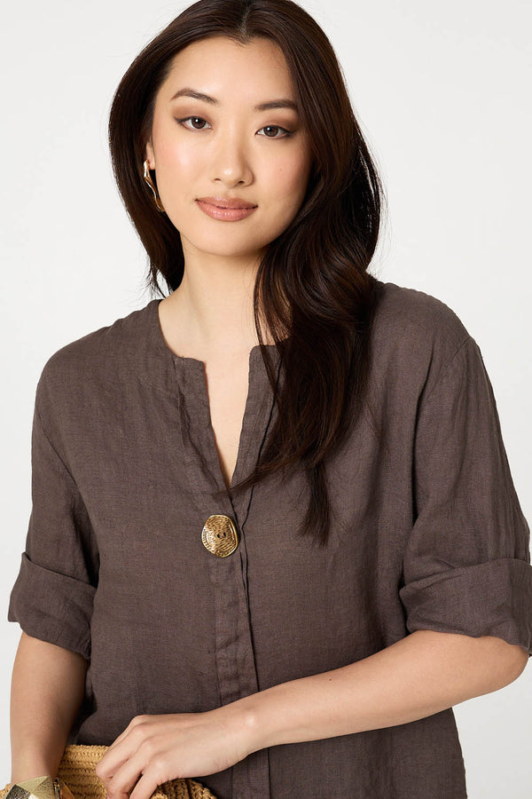 Brown | Button Detail 1/2 Sleeve V-Neck Blouse