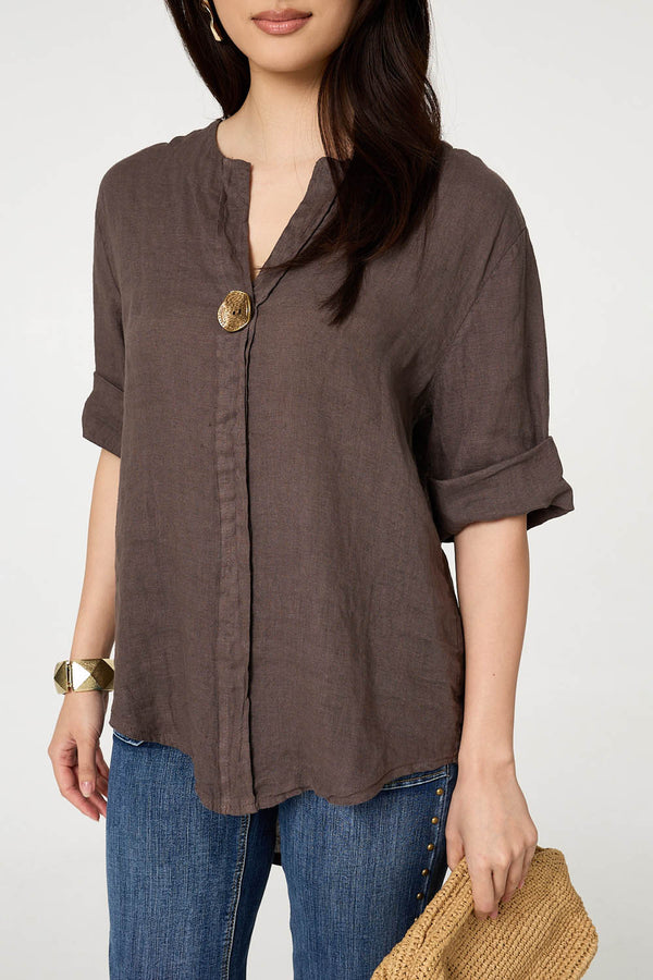Brown | Button Detail 1/2 Sleeve V-Neck Blouse
