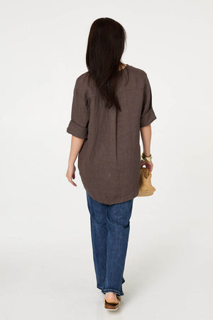 Brown | Button Detail 1/2 Sleeve V-Neck Blouse