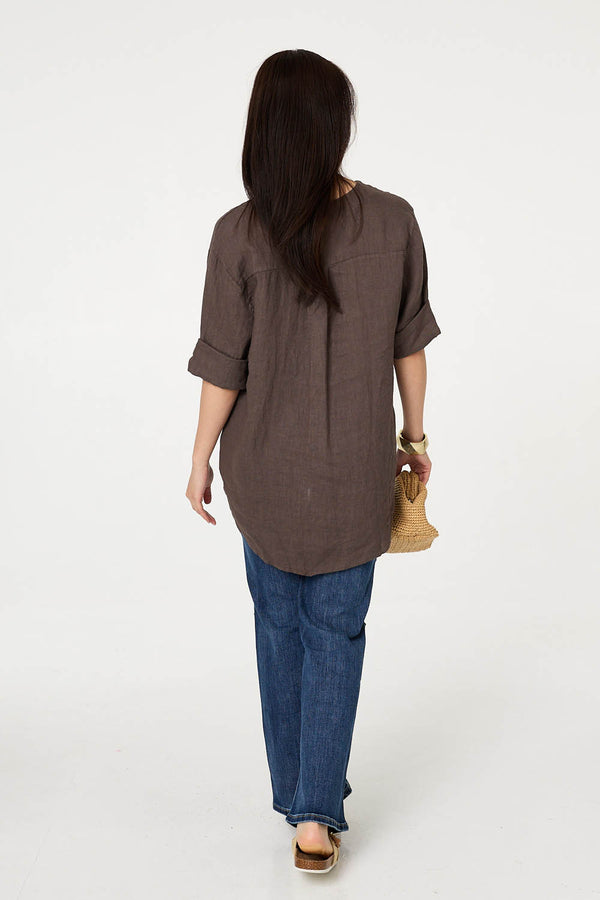 Brown | Button Detail 1/2 Sleeve V-Neck Blouse