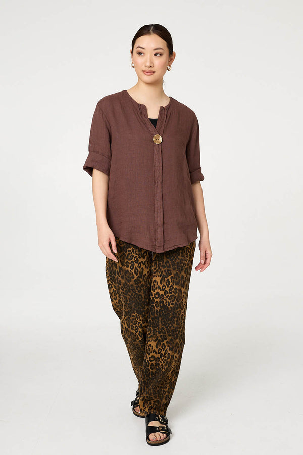 Chocolate | Button Detail 1/2 Sleeve V-Neck Blouse