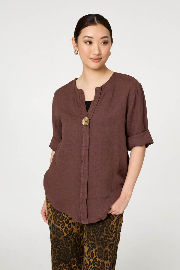 Chocolate | Button Detail 1/2 Sleeve V-Neck Blouse