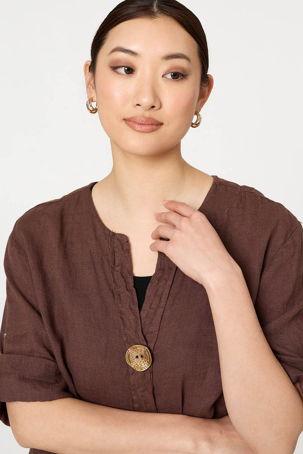 Chocolate | Button Detail 1/2 Sleeve V-Neck Blouse