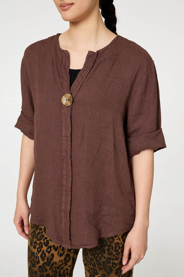 Chocolate | Button Detail 1/2 Sleeve V-Neck Blouse