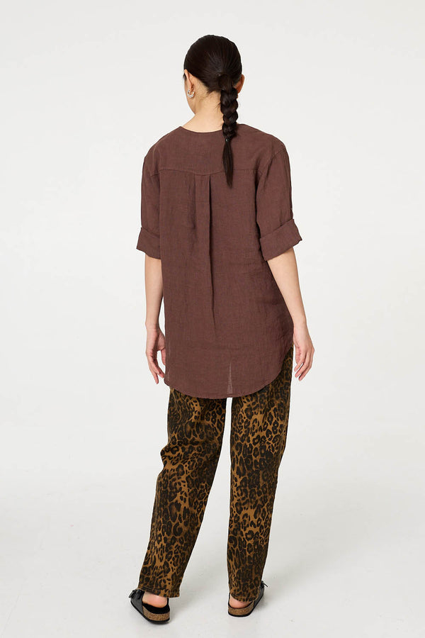 Chocolate | Button Detail 1/2 Sleeve V-Neck Blouse