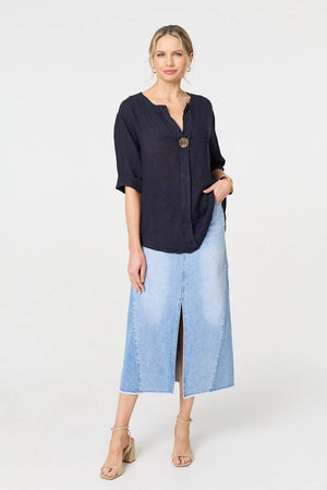 Navy | Button Detail 1/2 Sleeve V-Neck Blouse
