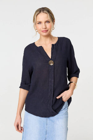 Navy | Button Detail 1/2 Sleeve V-Neck Blouse : Model is 5'10
