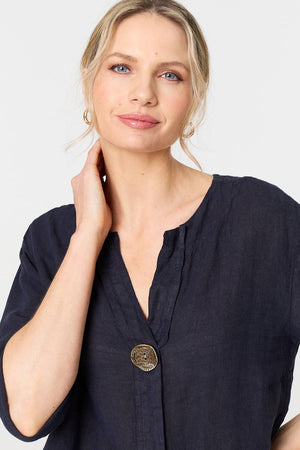 Navy | Button Detail 1/2 Sleeve V-Neck Blouse
