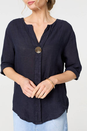 Navy | Button Detail 1/2 Sleeve V-Neck Blouse

