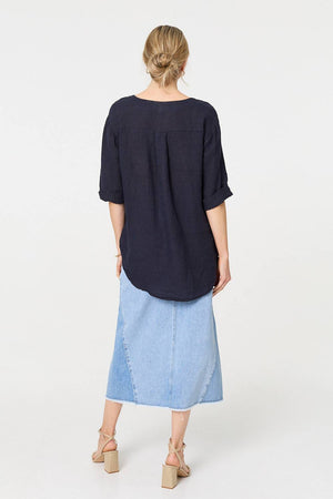 Navy | Button Detail 1/2 Sleeve V-Neck Blouse
