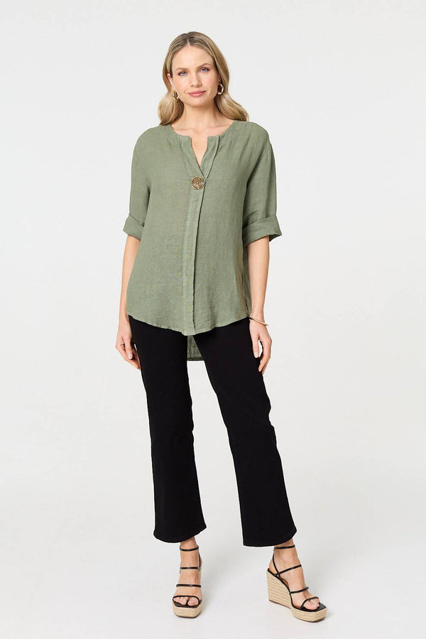 Khaki | Button Detail 1/2 Sleeve V-Neck Blouse
