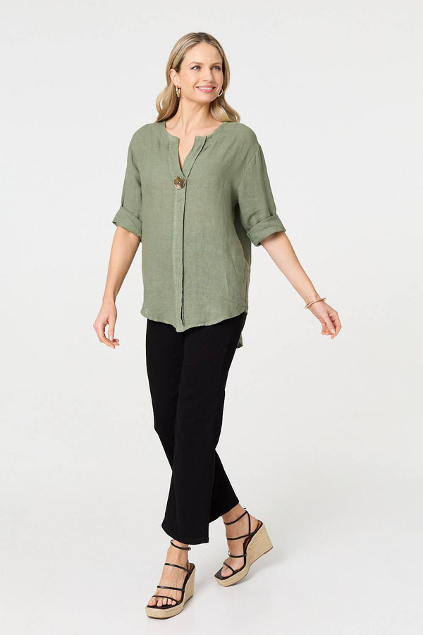 Khaki | Button Detail 1/2 Sleeve V-Neck Blouse
