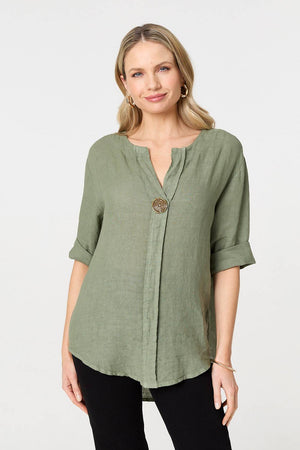 Khaki | Button Detail 1/2 Sleeve V-Neck Blouse : Model is 5'10