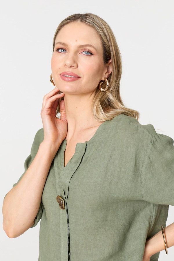 Khaki | Button Detail 1/2 Sleeve V-Neck Blouse
