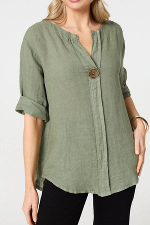 Khaki | Button Detail 1/2 Sleeve V-Neck Blouse
