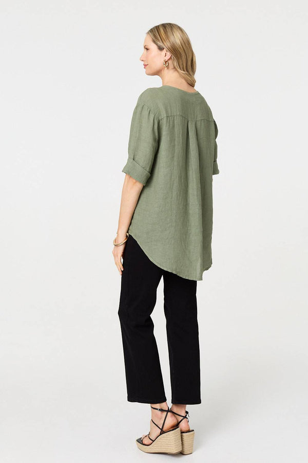 Khaki | Button Detail 1/2 Sleeve V-Neck Blouse
