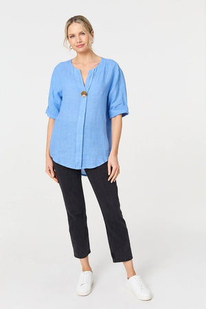 Blue | Button Detail 1/2 Sleeve V-Neck Blouse
