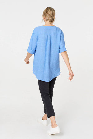 Blue | Button Detail 1/2 Sleeve V-Neck Blouse
