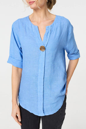Blue | Button Detail 1/2 Sleeve V-Neck Blouse
