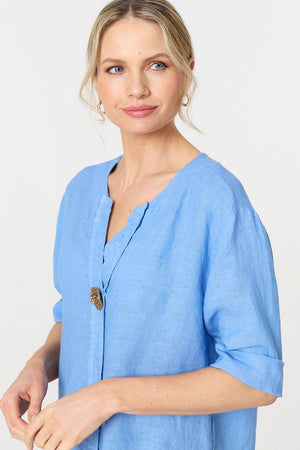 Blue | Button Detail 1/2 Sleeve V-Neck Blouse
