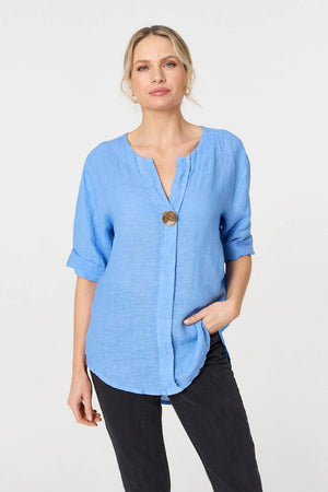 Blue | Button Detail 1/2 Sleeve V-Neck Blouse : Model is 5'10