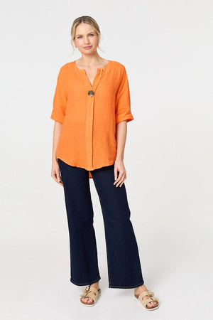 Orange | Button Detail 1/2 Sleeve V-Neck Blouse

