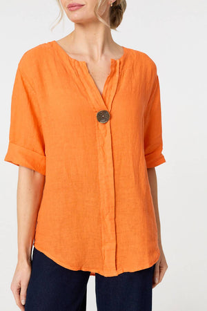 Orange | Button Detail 1/2 Sleeve V-Neck Blouse
